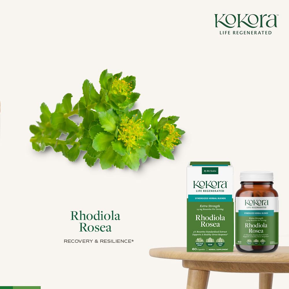 kokora Extra Strength Rhodiola Rosea – Stress Relief, Endurance & Promotes Mental & Physical Performance* - with Siberian Rhodiola, Rosavins, Organic Holy Basil - Vegan, Non-GMO - 60 Capsules - dailyvitalstore