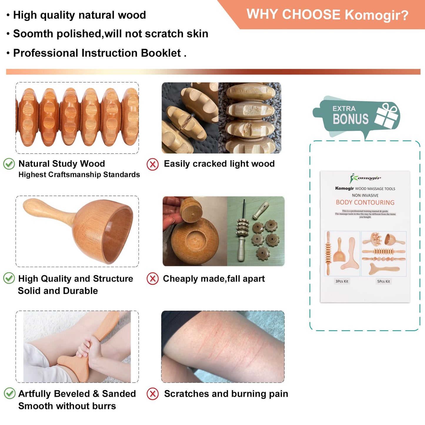 Komogir 3-in-1 Wood Therapy Massage Tools Lymphatic Drainage Massager Wooden Massager for Maderoterapia,Anti-Cellulite, Body Sculpting & Contouring - dailyvitalstore