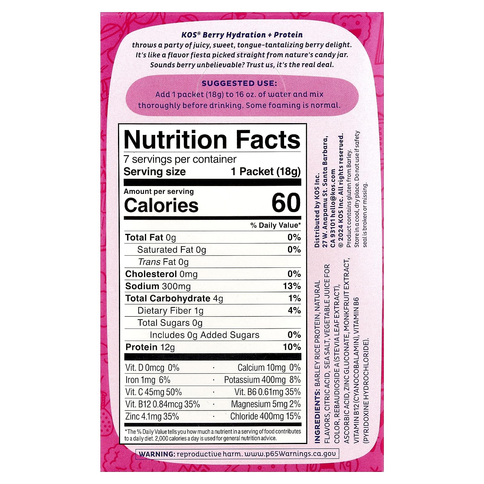 Kos Berry Hydration Protein 7ct, 0.65 OZ - dailyvitalstore