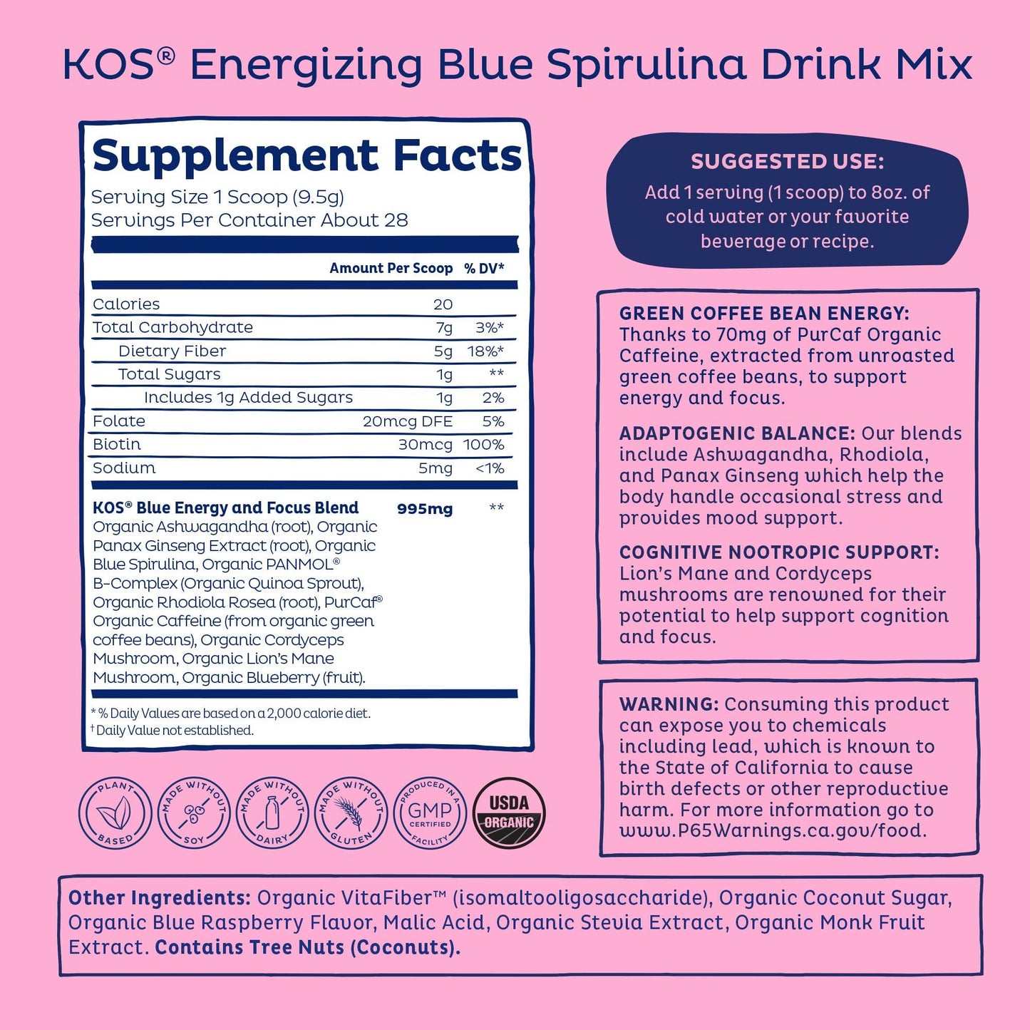 KOS Energizing Blue Spirulina Blend - USDA Certified Organic - B Vitamins, Ashwagandha, Ginseng, Adaptogens, Biotin - Vegan Pre Workout Powder - Caffeinated, Berry Flavored, 28 Servings - dailyvitalstore