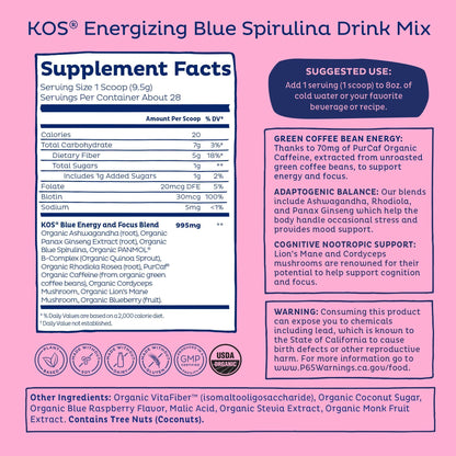 KOS Energizing Blue Spirulina Blend - USDA Certified Organic - B Vitamins, Ashwagandha, Ginseng, Adaptogens, Biotin - Vegan Pre Workout Powder - Caffeinated, Berry Flavored, 28 Servings - dailyvitalstore