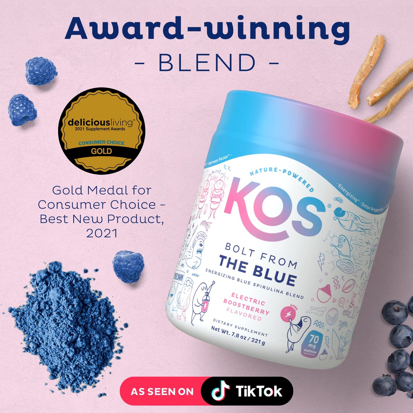 KOS Energizing Blue Spirulina Blend - USDA Certified Organic - B Vitamins, Ashwagandha, Ginseng, Adaptogens, Biotin - Vegan Pre Workout Powder - Caffeinated, Berry Flavored, 28 Servings - dailyvitalstore