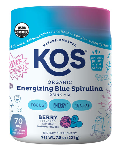 KOS Energizing Blue Spirulina Blend - USDA Certified Organic - B Vitamins, Ashwagandha, Ginseng, Adaptogens, Biotin - Vegan Pre Workout Powder - Caffeinated, Berry Flavored, 28 Servings - dailyvitalstore