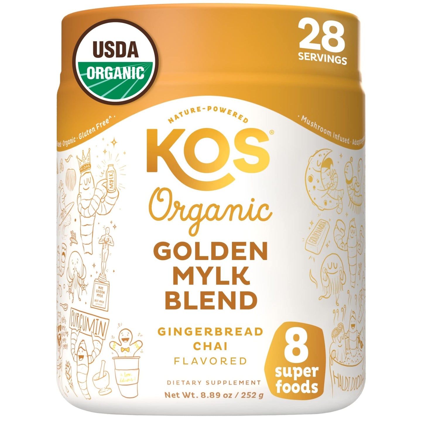 KOS Golden Mylk with Tumeric and Ginger, Organic Superfood Latte Powder, Adaptogen Mushroom Blend - Coffee Creamer, Dessert & Smoothie - Caffeine Free, Vegan, Dairy-Free, Gingerbread Chai, 28 Servings - dailyvitalstore