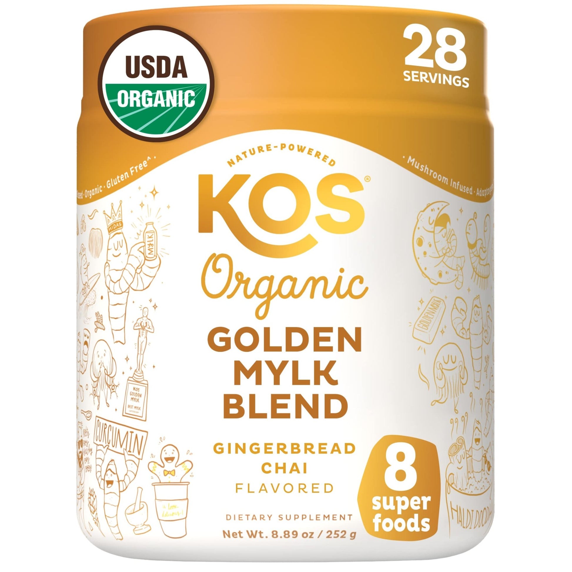 KOS Golden Mylk with Tumeric and Ginger, Organic Superfood Latte Powder, Adaptogen Mushroom Blend - Coffee Creamer, Dessert & Smoothie - Caffeine Free, Vegan, Dairy-Free, Gingerbread Chai, 28 Servings - dailyvitalstore