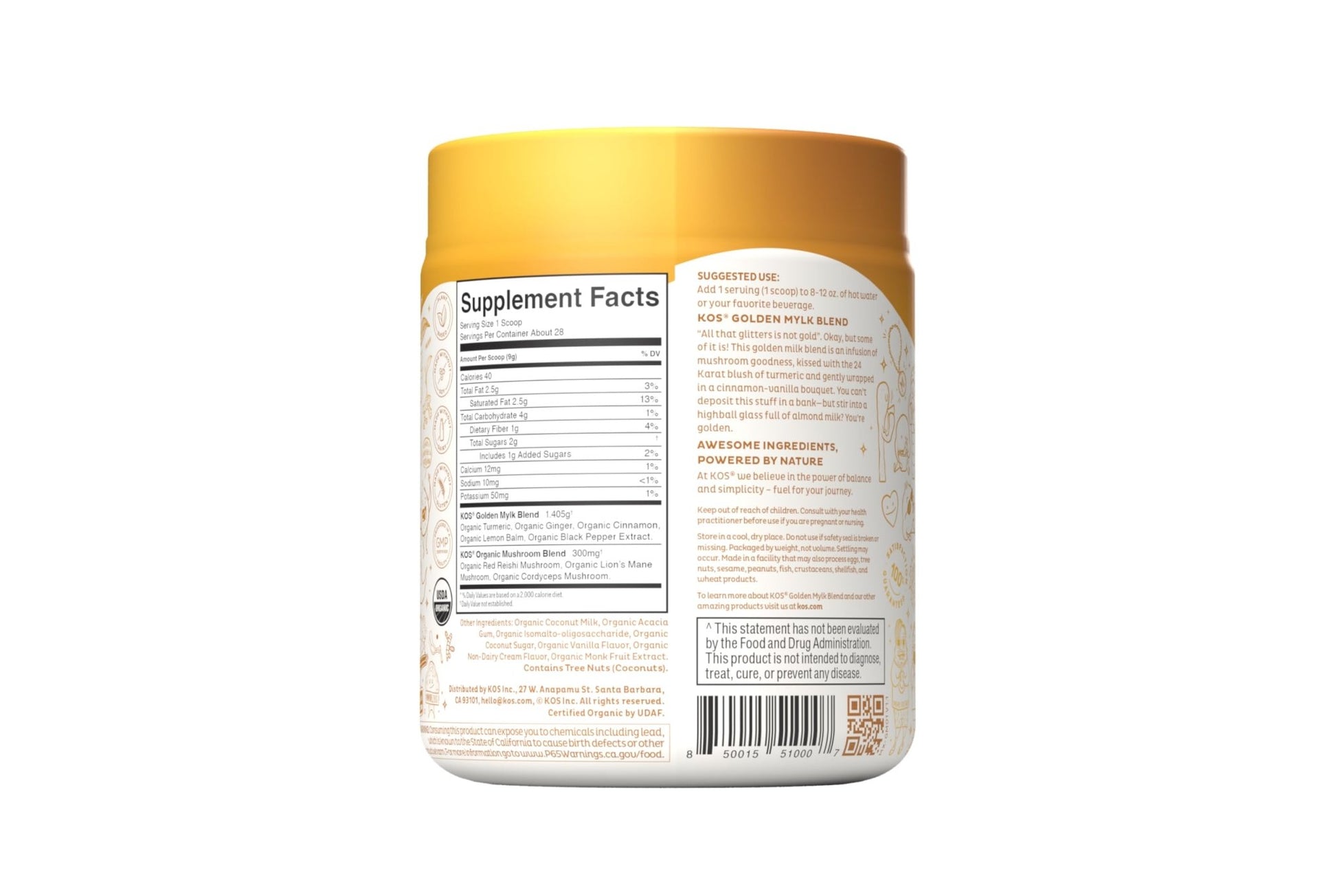 KOS Golden Mylk with Tumeric and Ginger, Organic Superfood Latte Powder, Adaptogen Mushroom Blend - Coffee Creamer, Dessert & Smoothie - Caffeine Free, Vegan, Dairy-Free, Gingerbread Chai, 28 Servings - dailyvitalstore