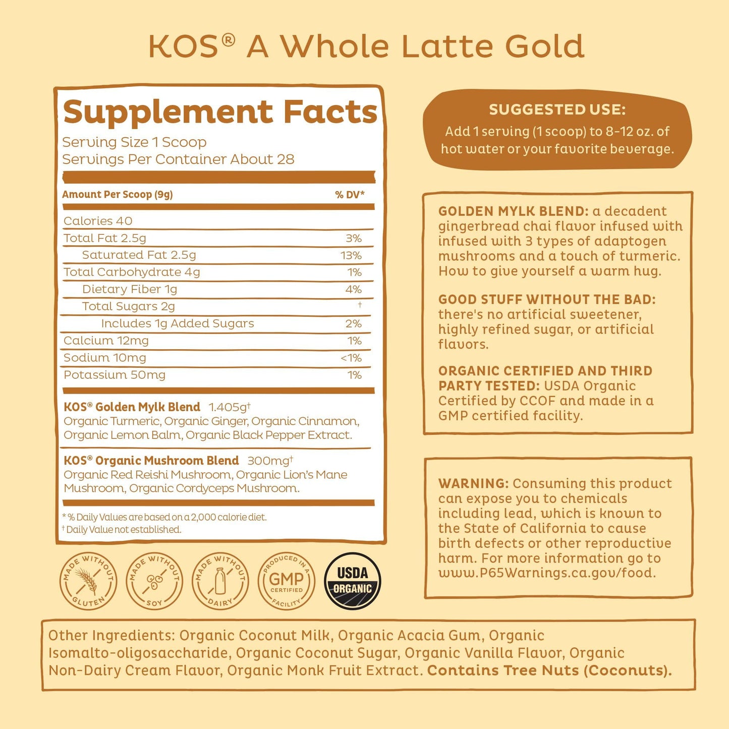 KOS Golden Mylk with Tumeric and Ginger, Organic Superfood Latte Powder, Adaptogen Mushroom Blend - Coffee Creamer, Dessert & Smoothie - Caffeine Free, Vegan, Dairy-Free, Gingerbread Chai, 28 Servings - dailyvitalstore