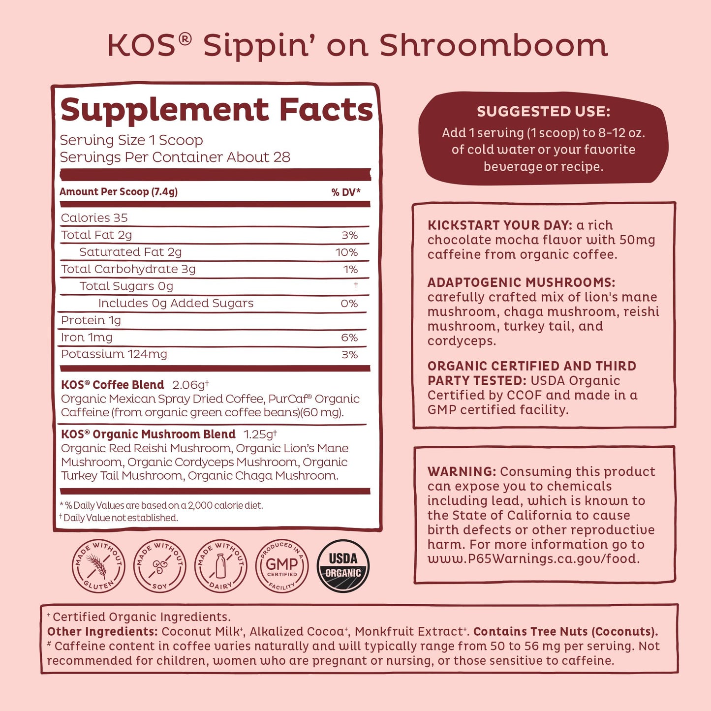 KOS Mushroom Coffee - USDA Certified Organic - Dark Chocolate Mocha Flavor - Mushroom Coffee Latte Powder with Reishi, Cordyceps, Lion's Mane, Chaga & Turkey Tail Mushrooms - dailyvitalstore