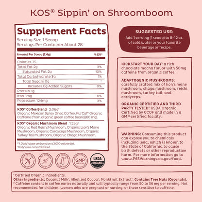KOS Mushroom Coffee - USDA Certified Organic - Dark Chocolate Mocha Flavor - Mushroom Coffee Latte Powder with Reishi, Cordyceps, Lion's Mane, Chaga & Turkey Tail Mushrooms - dailyvitalstore
