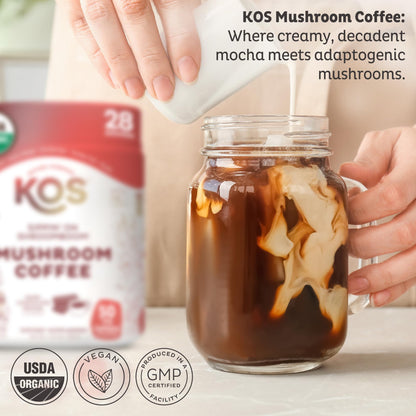 KOS Mushroom Coffee - USDA Certified Organic - Dark Chocolate Mocha Flavor - Mushroom Coffee Latte Powder with Reishi, Cordyceps, Lion's Mane, Chaga & Turkey Tail Mushrooms - dailyvitalstore