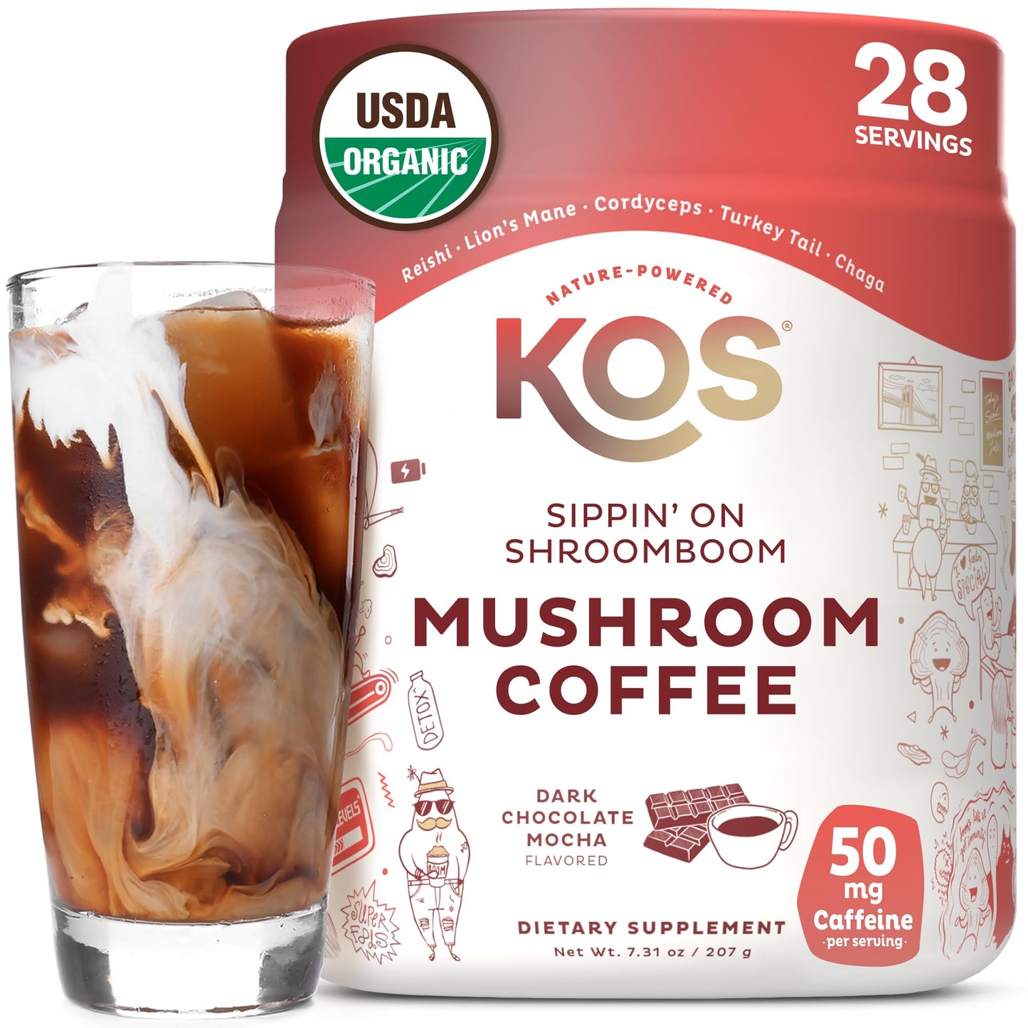KOS Mushroom Coffee - USDA Certified Organic - Dark Chocolate Mocha Flavor - Mushroom Coffee Latte Powder with Reishi, Cordyceps, Lion's Mane, Chaga & Turkey Tail Mushrooms - dailyvitalstore