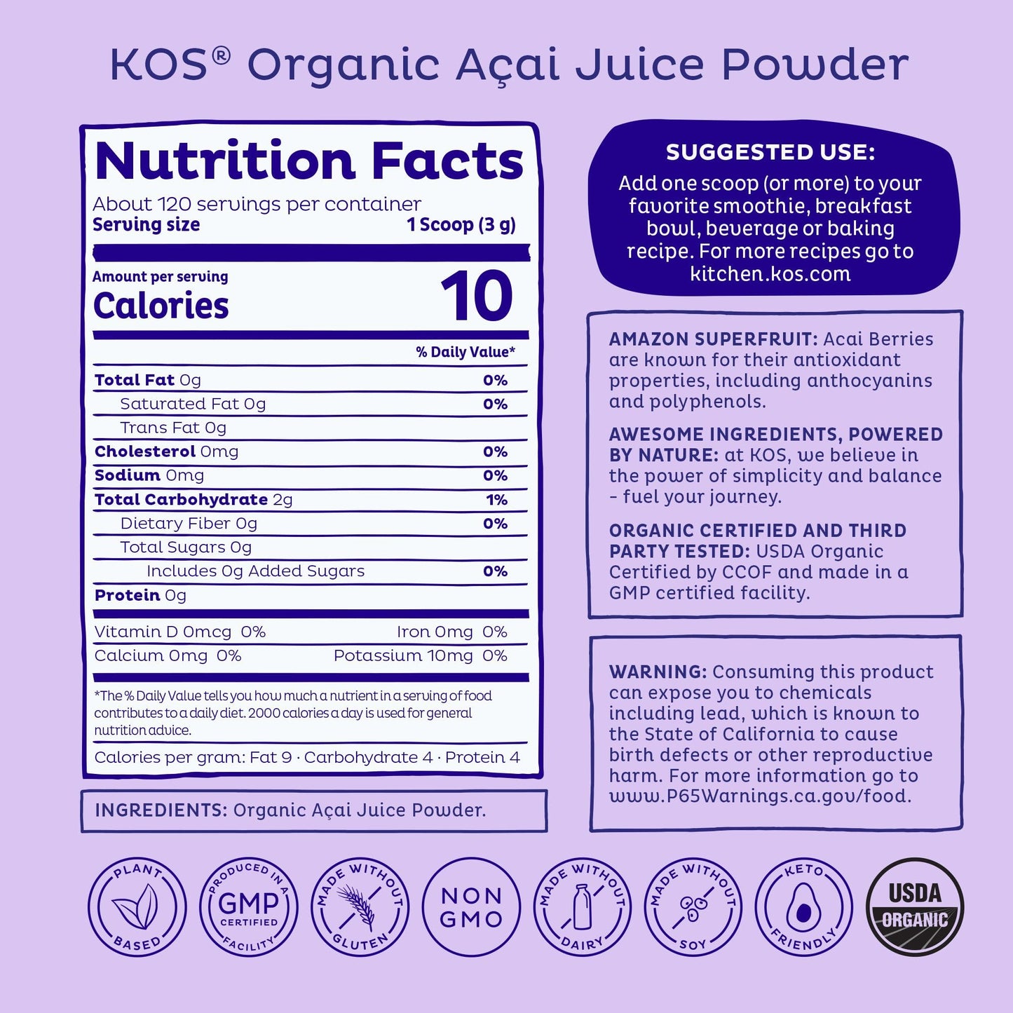 KOS Organic Acai Juice Powder - USDA Certified Organic, Plant Based Superfood Antioxidants, Superberry from Brazil, Great for Smoothies and Bowls, 0g Sugar, Vegan, Gluten-Free, Non-GMO - 120 Servings - dailyvitalstore