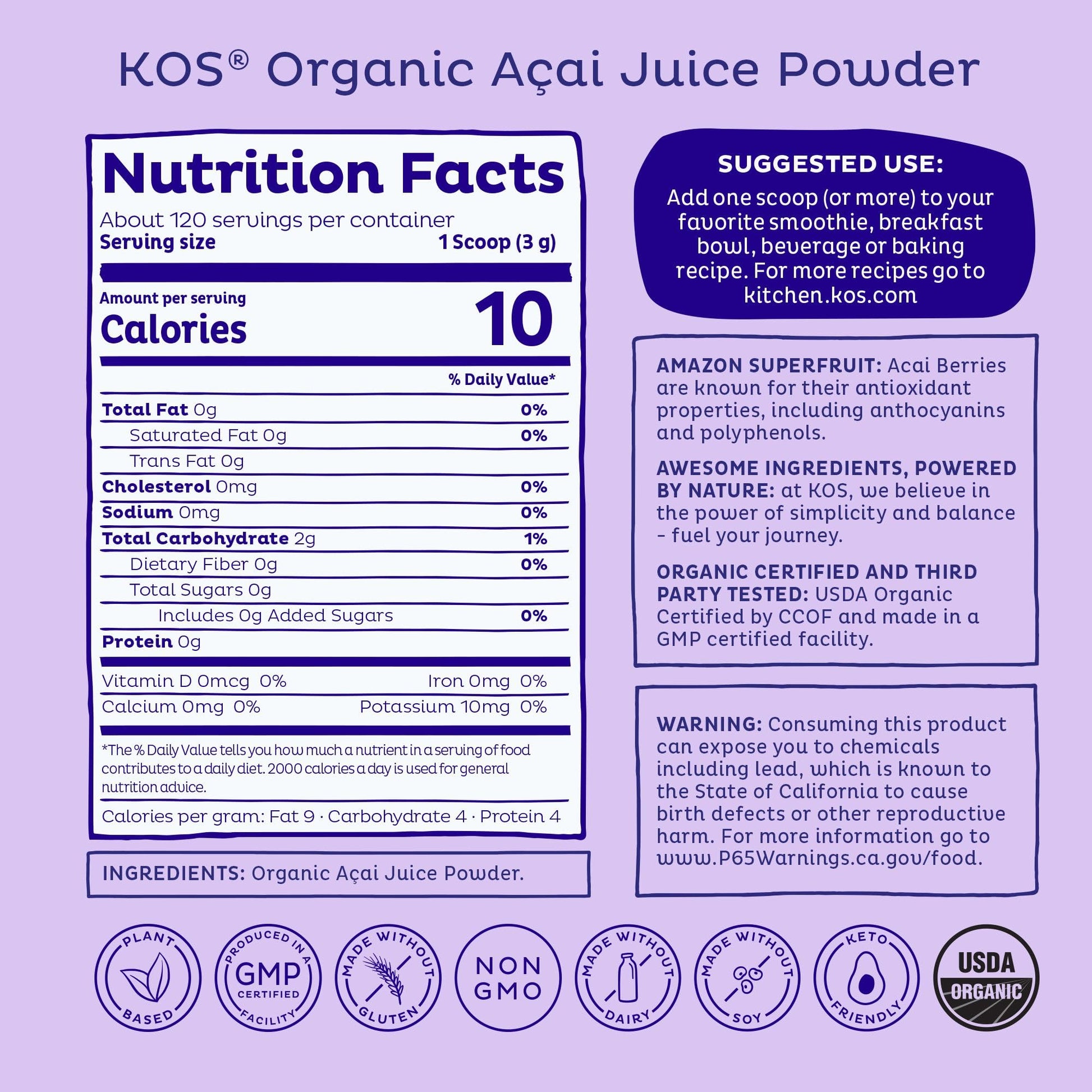 KOS Organic Acai Juice Powder - USDA Certified Organic, Plant Based Superfood Antioxidants, Superberry from Brazil, Great for Smoothies and Bowls, 0g Sugar, Vegan, Gluten-Free, Non-GMO - 120 Servings - dailyvitalstore