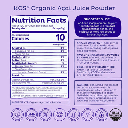 KOS Organic Acai Juice Powder - USDA Certified Organic, Plant Based Superfood Antioxidants, Superberry from Brazil, Great for Smoothies and Bowls, 0g Sugar, Vegan, Gluten-Free, Non-GMO - 120 Servings - dailyvitalstore