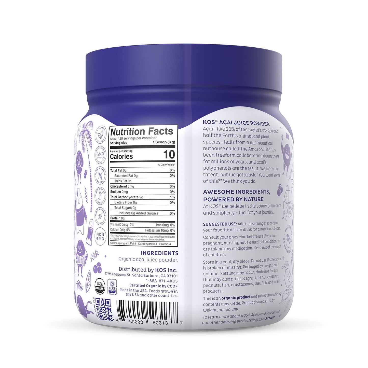 KOS Organic Acai Juice Powder - USDA Certified Organic, Plant Based Superfood Antioxidants, Superberry from Brazil, Great for Smoothies and Bowls, 0g Sugar, Vegan, Gluten-Free, Non-GMO - 120 Servings - dailyvitalstore