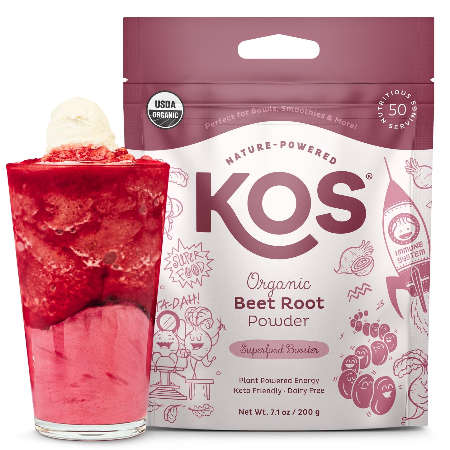 KOS Organic Beet Root Powder, USDA Certified - Superfood Plant Based Beetroot Ingredient for Stamina Increasing, Circulation - Non-GMO, Soy & Gluten-Free, 50 Servings Bag - dailyvitalstore