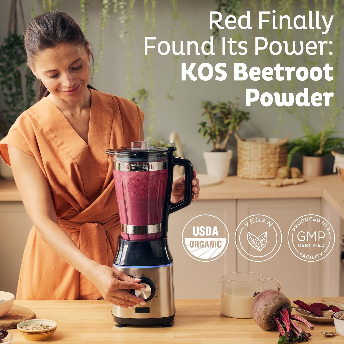 KOS Organic Beet Root Powder, USDA Certified - Superfood Plant Based Beetroot Ingredient for Stamina Increasing, Circulation - Non-GMO, Soy & Gluten-Free, 50 Servings Bag - dailyvitalstore