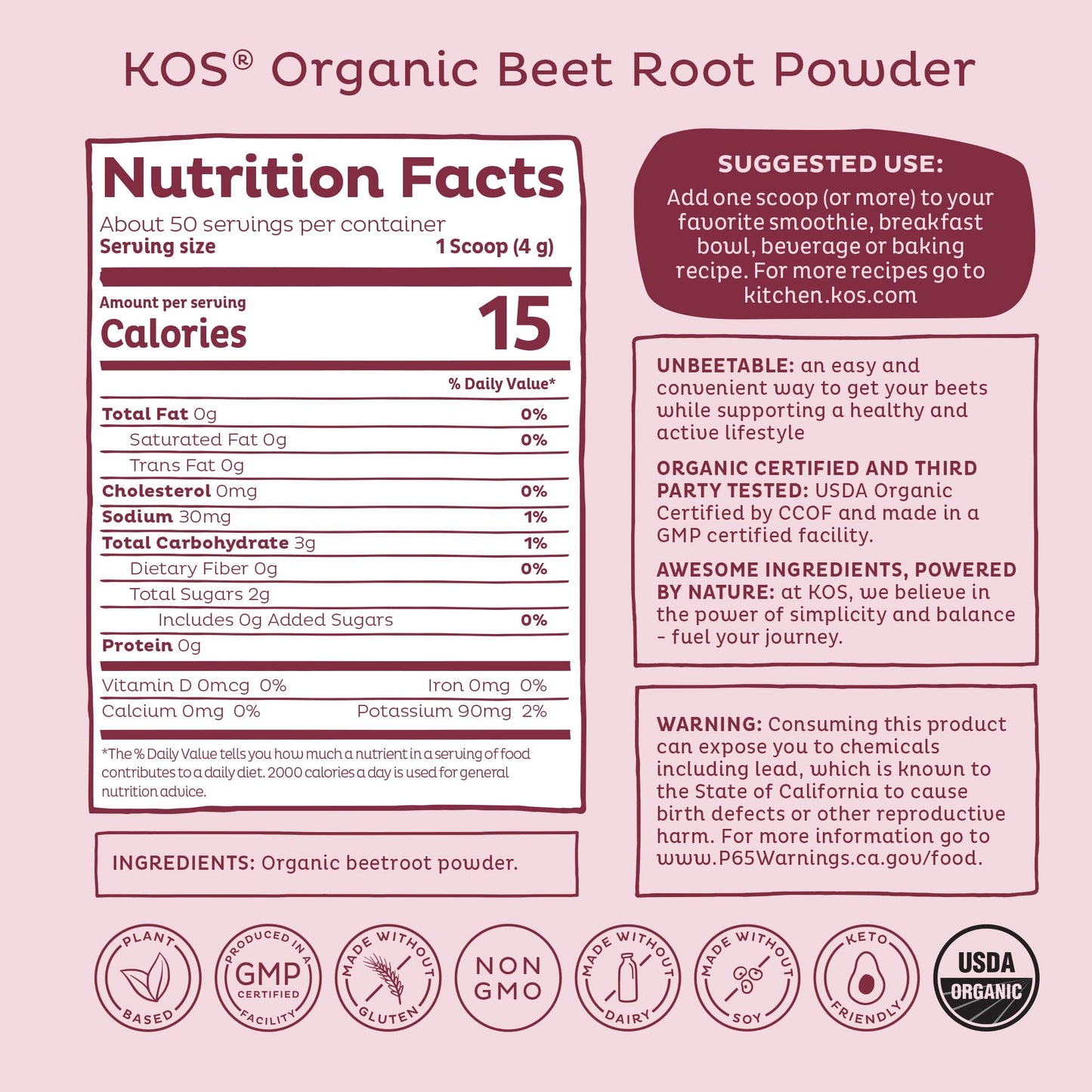 KOS Organic Beet Root Powder, USDA Certified - Superfood Plant Based Beetroot Ingredient for Stamina Increasing, Circulation - Non-GMO, Soy & Gluten-Free, 50 Servings Bag - dailyvitalstore