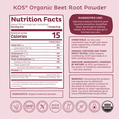 KOS Organic Beet Root Powder, USDA Certified - Superfood Plant Based Beetroot Ingredient for Stamina Increasing, Circulation - Non-GMO, Soy & Gluten-Free, 50 Servings Bag - dailyvitalstore