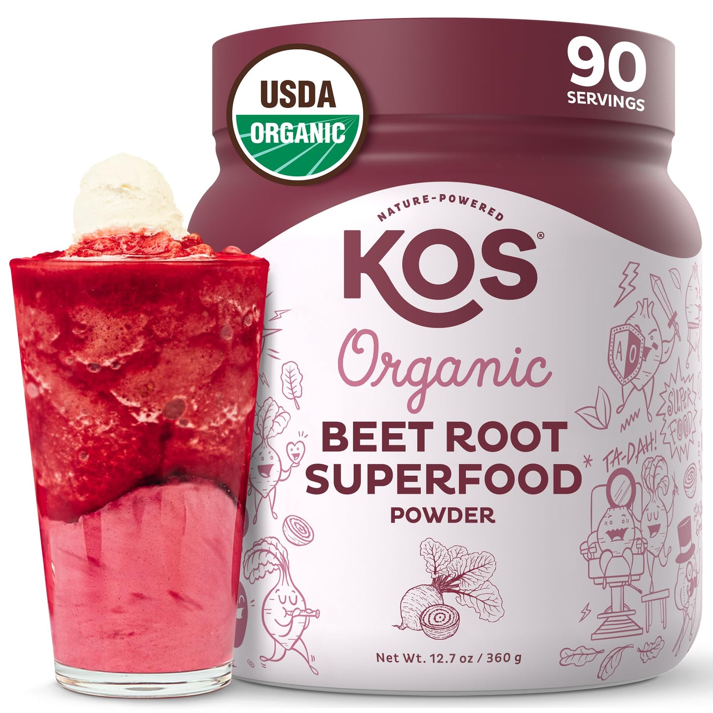 KOS Organic Beet Root Powder, USDA Organic - Natural Nitric Oxide Booster, Superfood Plant Based Beetroot Antioxidant, Supports Active Lifestyle & Healthy Circulation, Soy & Gluten-Free - 90 Servings - dailyvitalstore