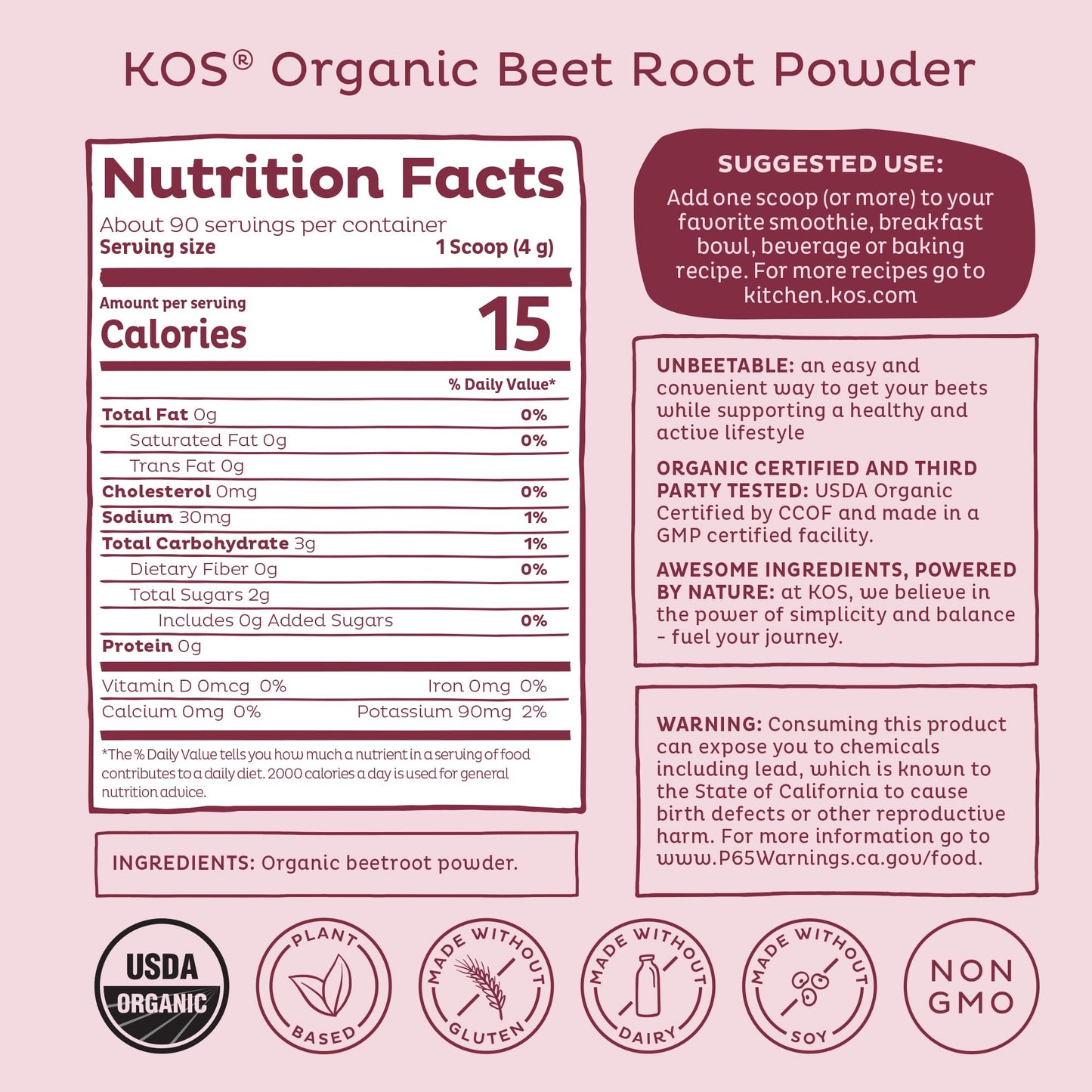 KOS Organic Beet Root Powder, USDA Organic - Natural Nitric Oxide Booster, Superfood Plant Based Beetroot Antioxidant, Supports Active Lifestyle & Healthy Circulation, Soy & Gluten-Free - 90 Servings - dailyvitalstore