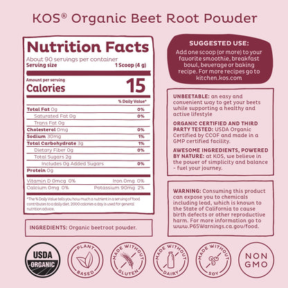 KOS Organic Beet Root Powder, USDA Organic - Natural Nitric Oxide Booster, Superfood Plant Based Beetroot Antioxidant, Supports Active Lifestyle & Healthy Circulation, Soy & Gluten-Free - 90 Servings - dailyvitalstore