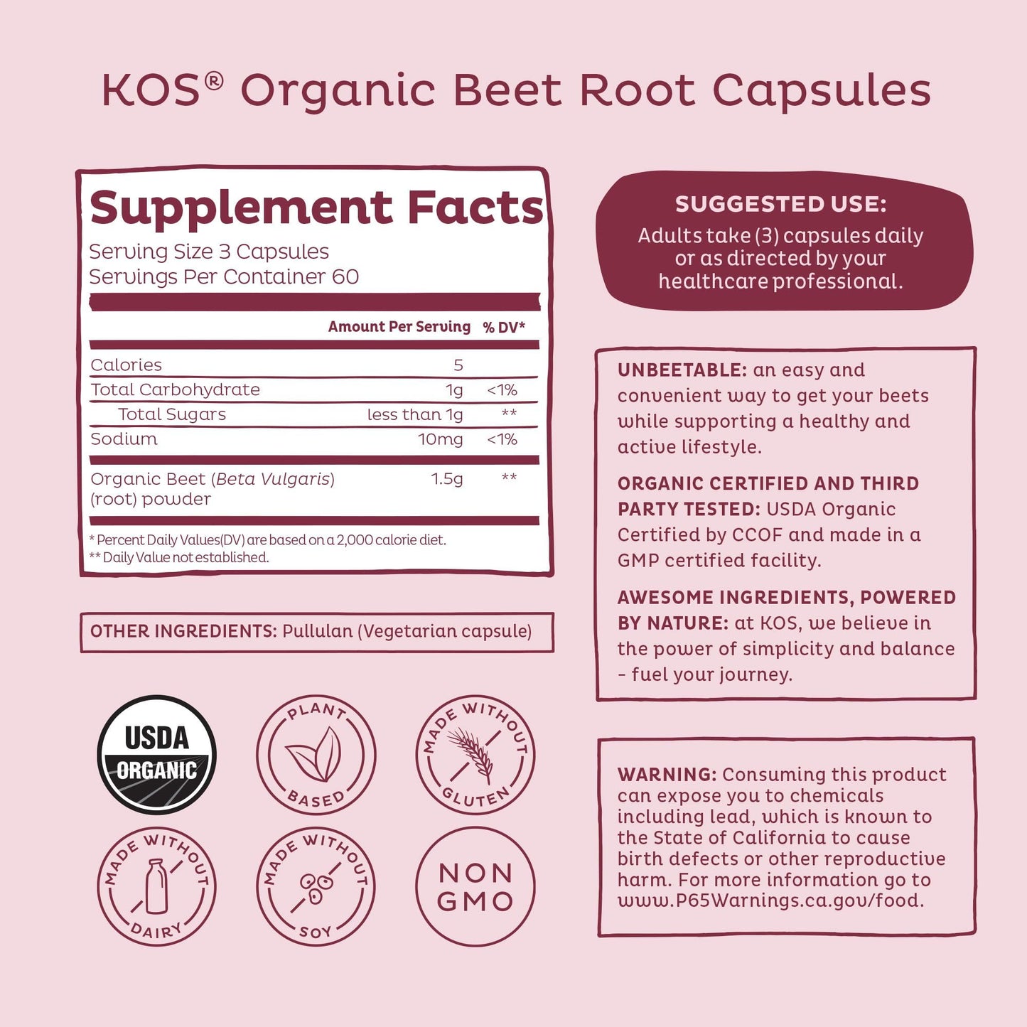 KOS Organic Beetroot Capsules 1500mg - USDA Organic, Antioxidant Power from Organic Beet Root Superfood, Supports Healthy & Active Lifestyle - Non-GMO, - dailyvitalstore