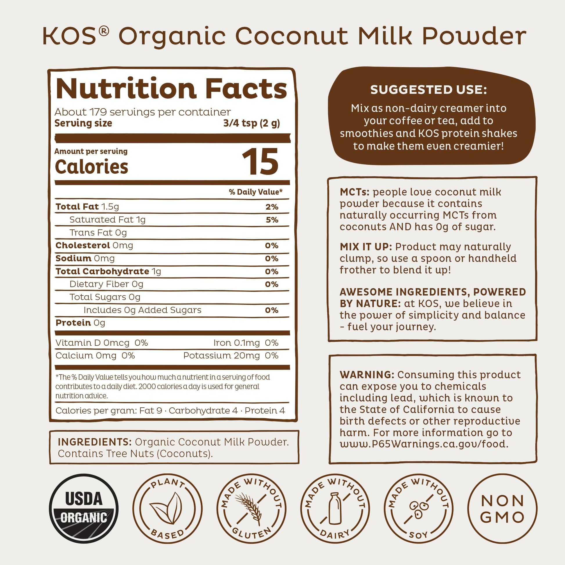 KOS Organic Coconut Milk Powder, USDA Certified Organic - 0g Sugar, MCT Plant Based Creamer for Coffee, Smoothies, Vegan, Keto, Paleo Friendly, Non-GMO, Gluten or Dairy- 12.6oz, 179 Servings - dailyvitalstore