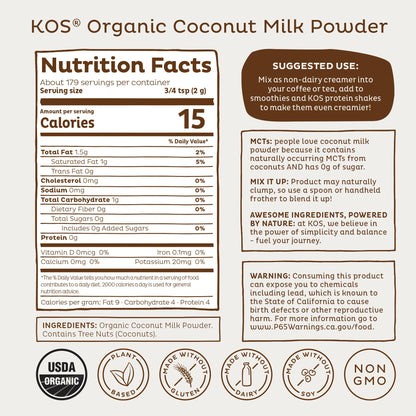 KOS Organic Coconut Milk Powder, USDA Certified Organic - 0g Sugar, MCT Plant Based Creamer for Coffee, Smoothies, Vegan, Keto, Paleo Friendly, Non-GMO, Gluten or Dairy- 12.6oz, 179 Servings - dailyvitalstore