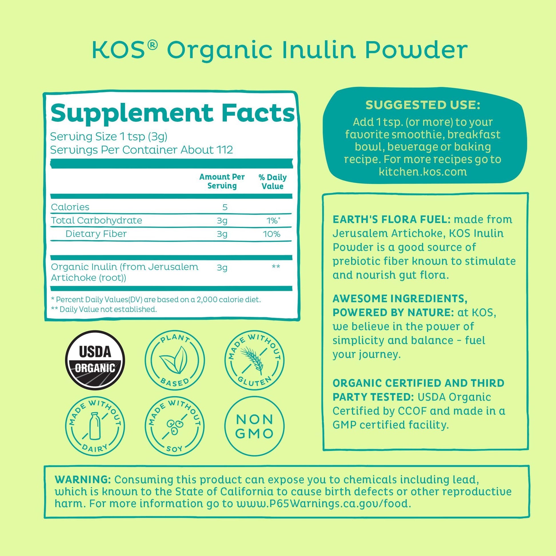 KOS Organic Inulin Powder, Unflavored & Unsweetened Superfood - Vegan Inulin for Prebiotic Intestinal Support, Digestive Health Promoting - USDA Certified, Non-GMO, Soy & Gluten-Free, 112 Servings Bag - dailyvitalstore