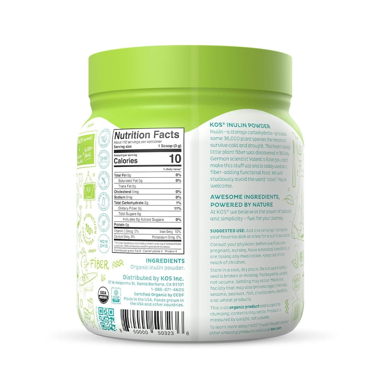 KOS Organic Inulin Powder, Unflavored & Unsweetened Superfood - Vegan Inulin for Prebiotic Intestinal Support, Digestive Health Promoting - USDA Certified, Non-GMO, Soy & Gluten-Free, 112 Servings Bag - dailyvitalstore