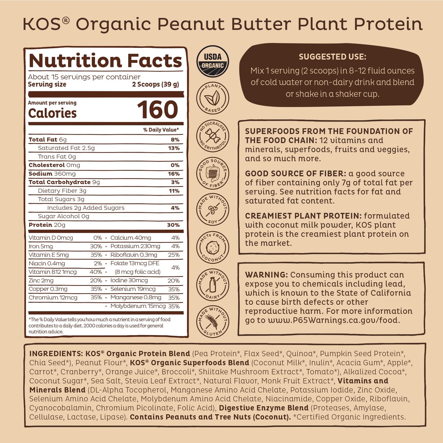 KOS Organic Plant Based Protein Powder, Chocolate Peanut Butter - Delicious Vegan Protein Powder - Keto Friendly, Gluten Free, Dairy Free & Soy Free - 15 Servings - dailyvitalstore