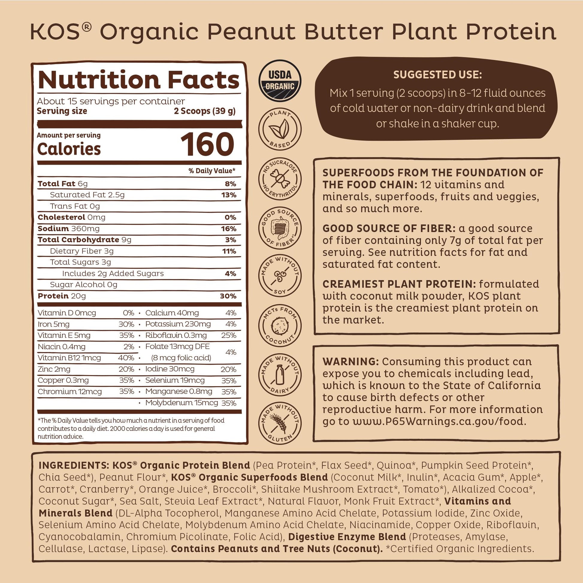 KOS Organic Plant Based Protein Powder, Chocolate Peanut Butter - Delicious Vegan Protein Powder - Keto Friendly, Gluten Free, Dairy Free & Soy Free - 15 Servings - dailyvitalstore