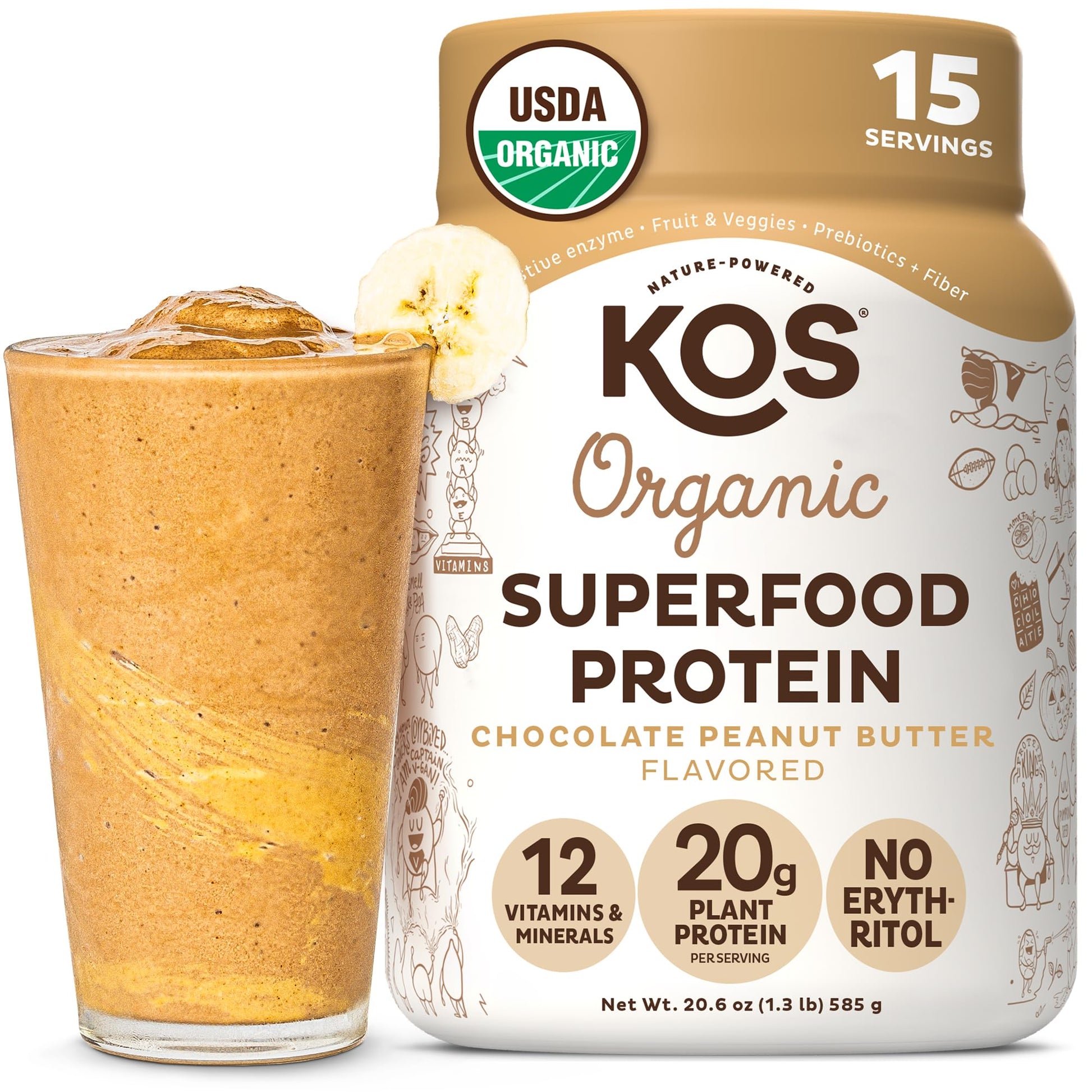 KOS Organic Plant Based Protein Powder, Chocolate Peanut Butter - Delicious Vegan Protein Powder - Keto Friendly, Gluten Free, Dairy Free & Soy Free - 15 Servings - dailyvitalstore
