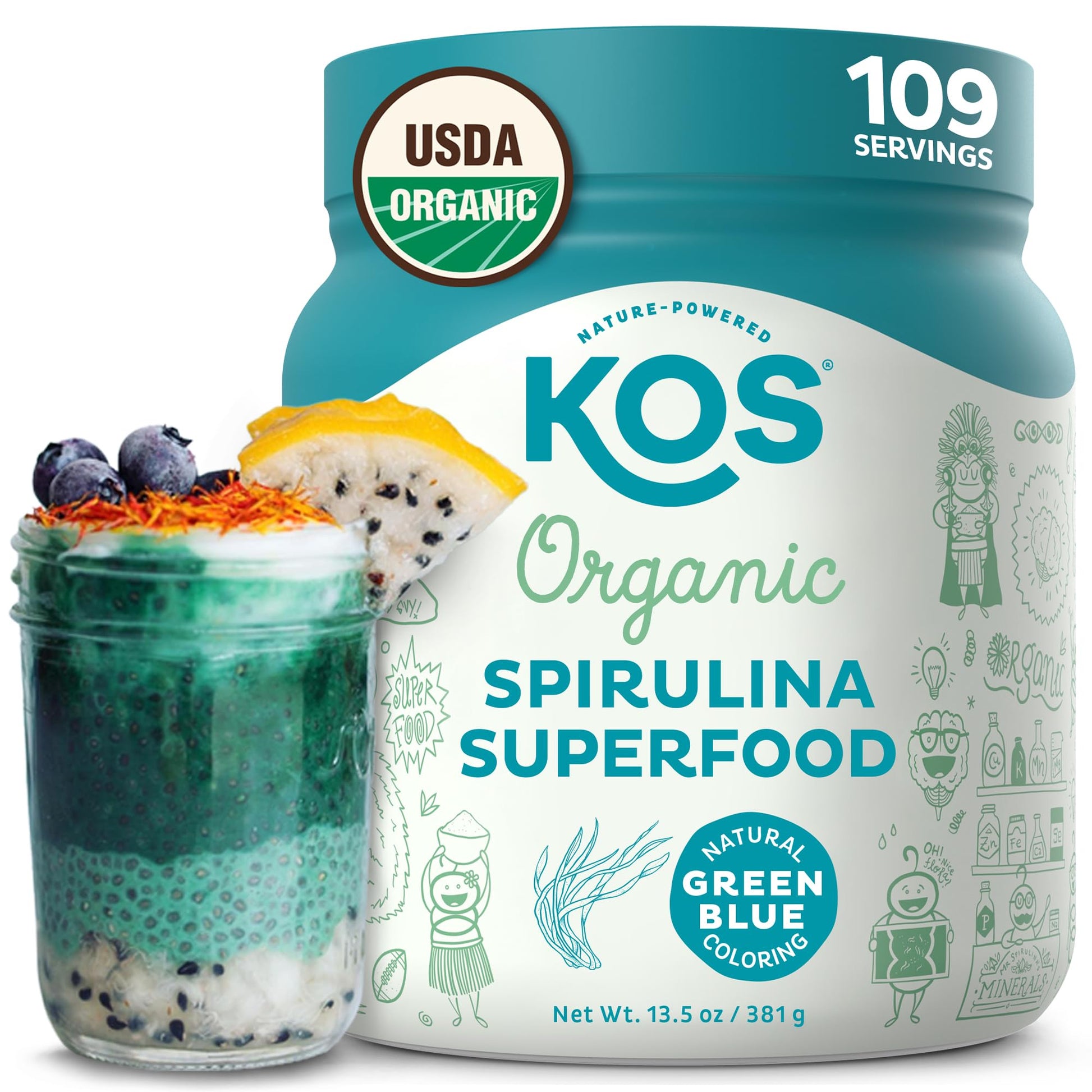 KOS Organic Spirulina Powder - USDA Certified Organic, 109 Servings of Superfood Powder for Smoothies & Juices, Non-Irradiated Blue Green Algae, Plant Based with Antioxidants, Vegan (13.5oz) - dailyvitalstore