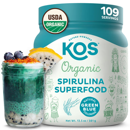 KOS Organic Spirulina Powder - USDA Certified Organic, 109 Servings of Superfood Powder for Smoothies & Juices, Non-Irradiated Blue Green Algae, Plant Based with Antioxidants, Vegan (13.5oz) - dailyvitalstore