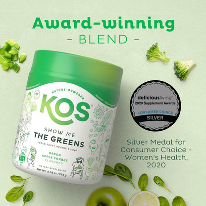 KOS Organic Super Greens Powder Erythritol Free - Plant Based Superfood Blend with Spirulina, Chlorella & Wheatgrass - USDA Certified Organic, Green Juice Smoothie - Apple Flavor - 28 Servings - dailyvitalstore