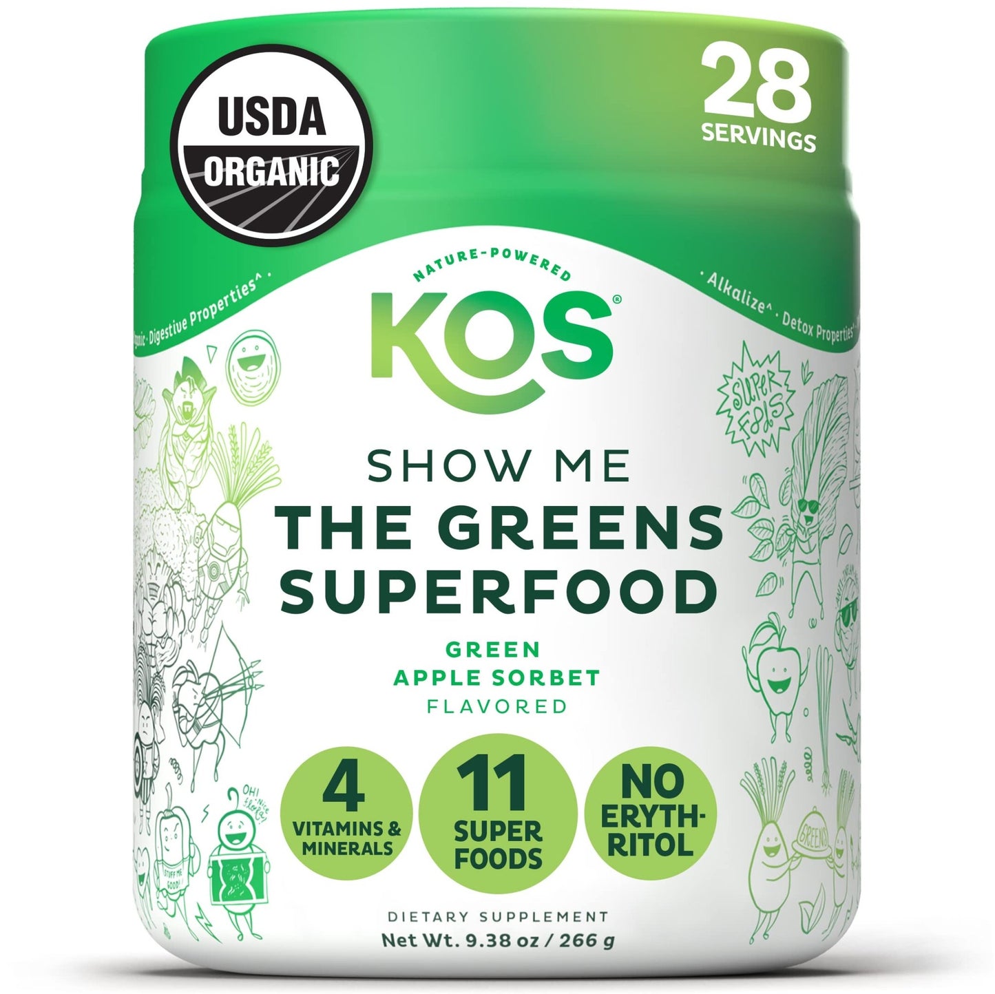 KOS Organic Super Greens Powder Erythritol Free - Plant Based Superfood Blend with Spirulina, Chlorella & Wheatgrass - USDA Certified Organic, Green Juice Smoothie - Apple Flavor - 28 Servings - dailyvitalstore