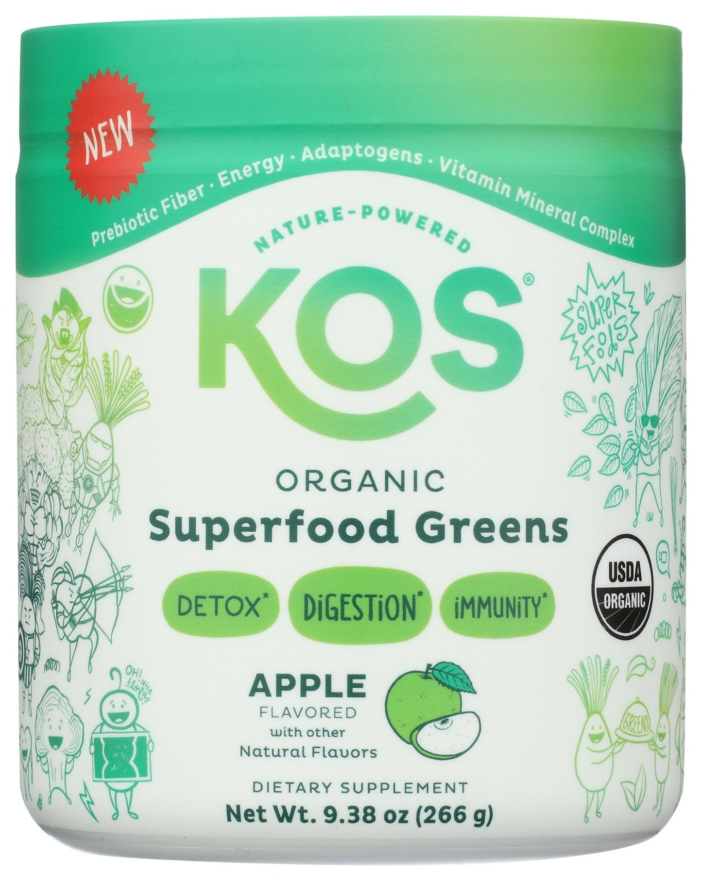 KOS Organic Super Greens Powder Erythritol Free - Plant Based Superfood Blend with Spirulina, Chlorella & Wheatgrass - USDA Certified Organic, Green Juice Smoothie - Apple Flavor - 28 Servings - dailyvitalstore