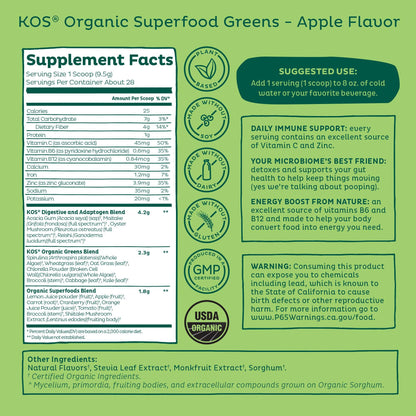 KOS Organic Super Greens Powder Erythritol Free - Plant Based Superfood Blend with Spirulina, Chlorella & Wheatgrass - USDA Certified Organic, Green Juice Smoothie - Apple Flavor - 28 Servings - dailyvitalstore