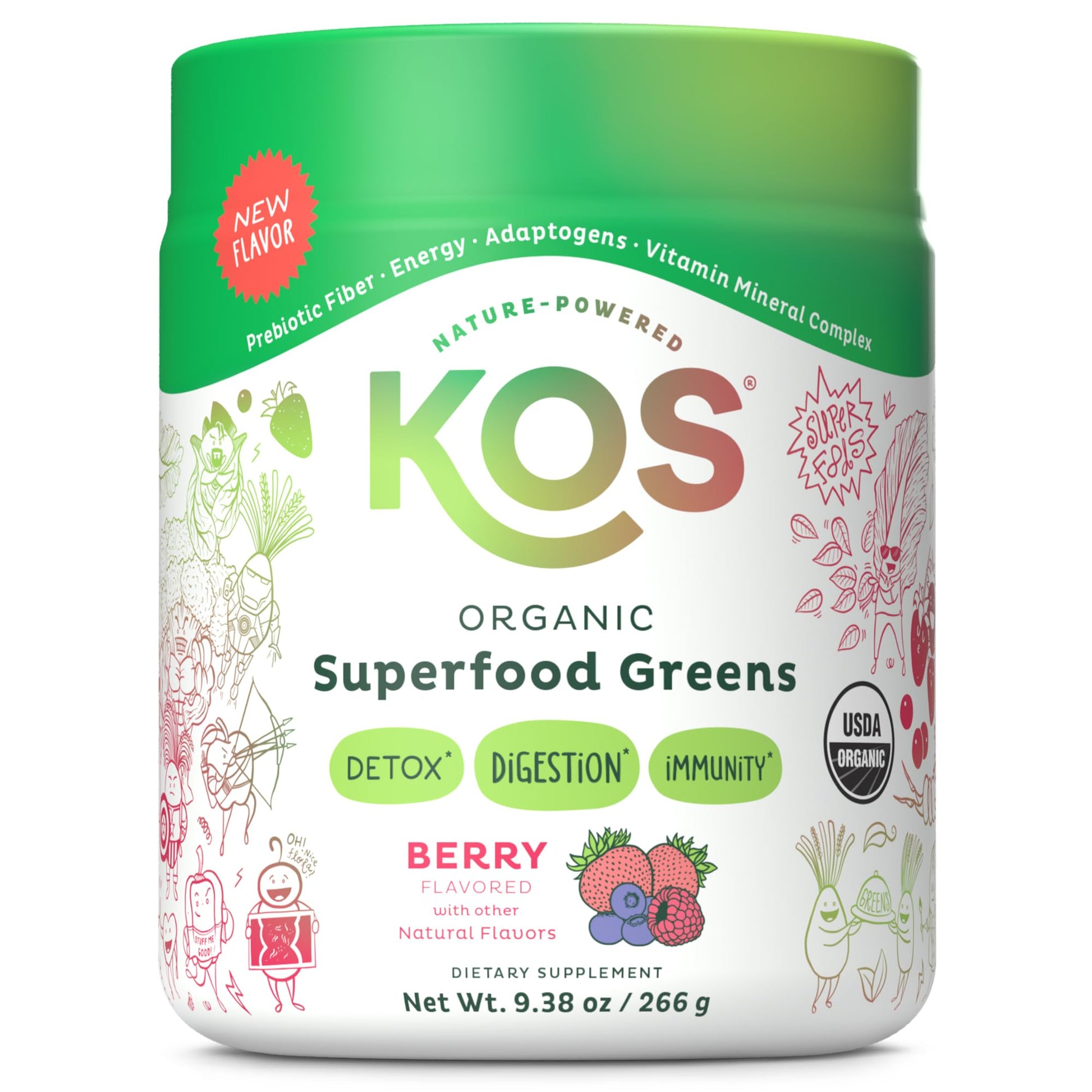 KOS Organic Superfood Greens Powder - Gut Health from Prebiotic Fiber, Supergreens and Adaptogens - USDA Certified Organic, Made in a GMP Certified Facility - 28 Servings Berry - dailyvitalstore