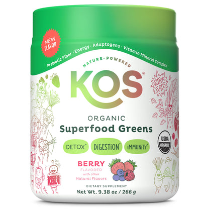 KOS Organic Superfood Greens Powder - Gut Health from Prebiotic Fiber, Supergreens and Adaptogens - USDA Certified Organic, Made in a GMP Certified Facility - 28 Servings Berry - dailyvitalstore