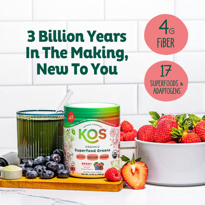 KOS Organic Superfood Greens Powder - Gut Health from Prebiotic Fiber, Supergreens and Adaptogens - USDA Certified Organic, Made in a GMP Certified Facility - 28 Servings Berry - dailyvitalstore