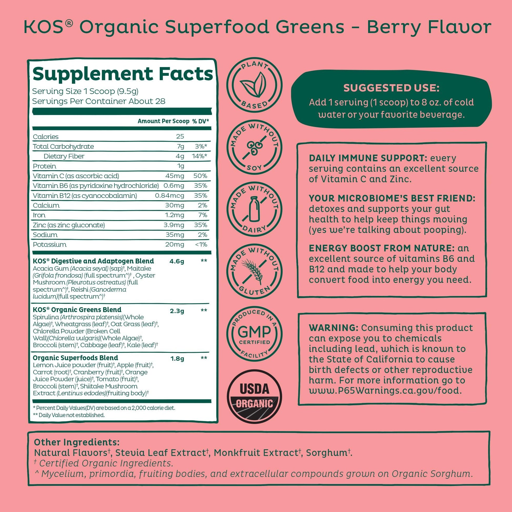 KOS Organic Superfood Greens Powder - Gut Health from Prebiotic Fiber, Supergreens and Adaptogens - USDA Certified Organic, Made in a GMP Certified Facility - 28 Servings Berry - dailyvitalstore