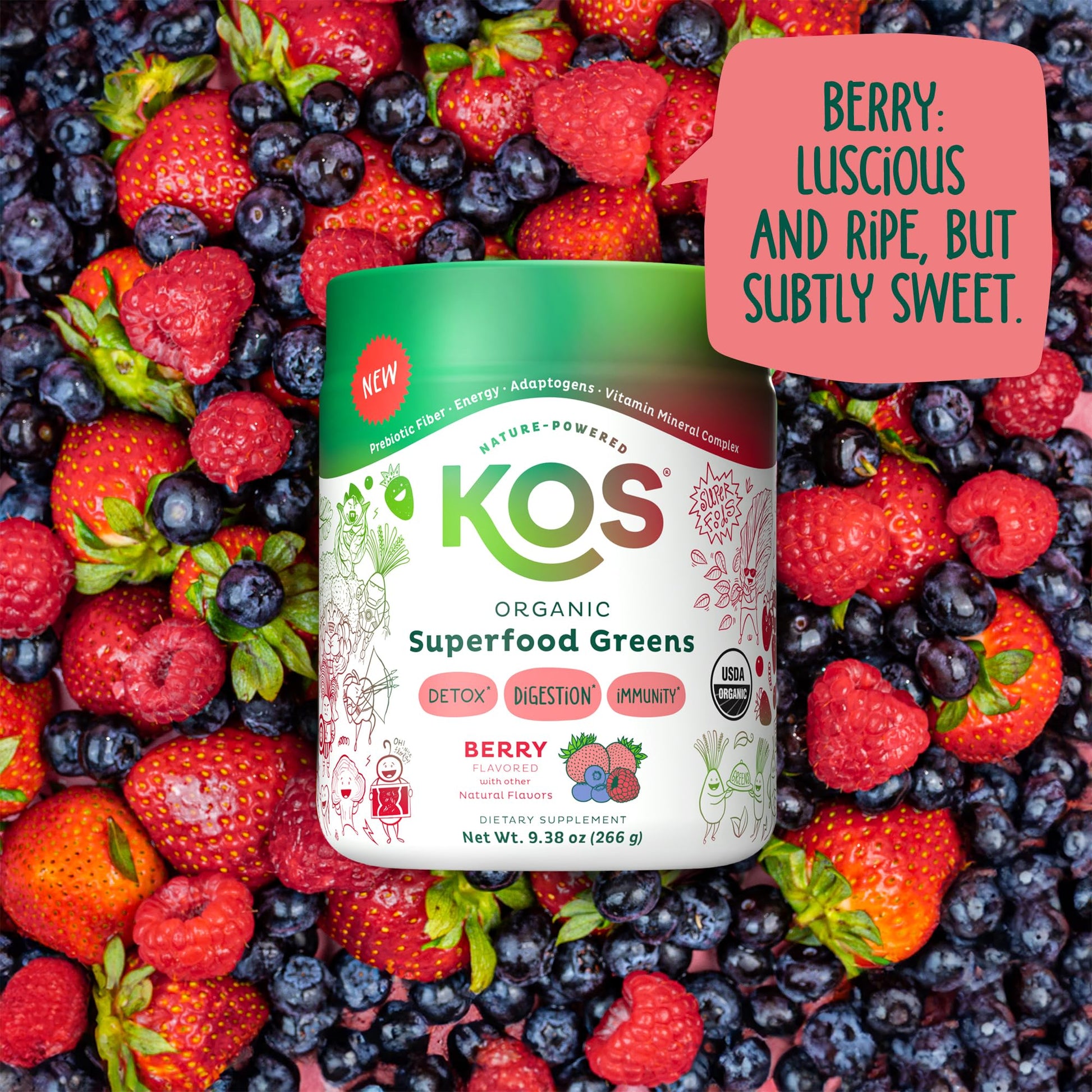 KOS Organic Superfood Greens Powder - Gut Health from Prebiotic Fiber, Supergreens and Adaptogens - USDA Certified Organic, Made in a GMP Certified Facility - 28 Servings Berry - dailyvitalstore