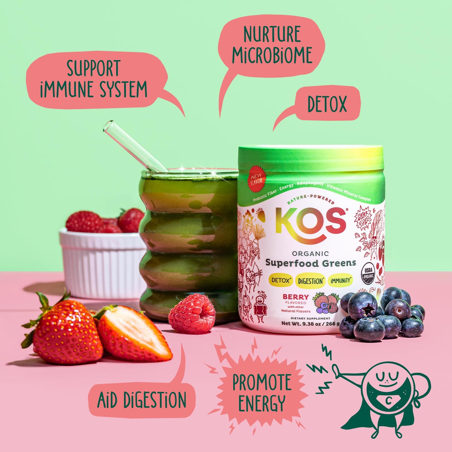 KOS Organic Superfood Greens Powder - Gut Health from Prebiotic Fiber, Supergreens and Adaptogens - USDA Certified Organic, Made in a GMP Certified Facility - 28 Servings Berry - dailyvitalstore