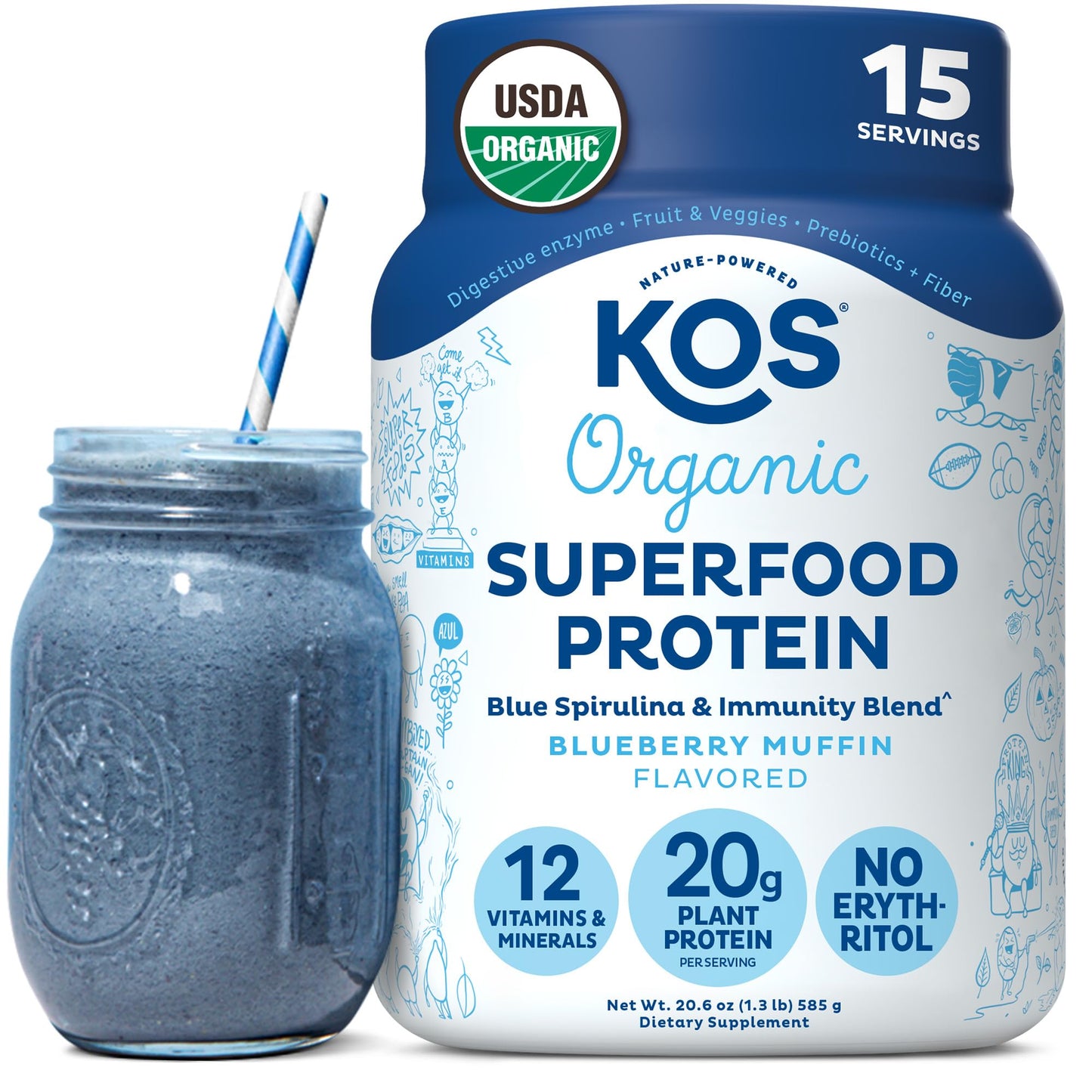 KOS Plant Based Protein Powder, Blueberry Muffin - Organic Pea Protein Superfood with Spirulina and Immune Support Blend. Soy, Gluten, Dairy Free - Vegan Meal Replacement for Women & Men - 15 Servings - dailyvitalstore