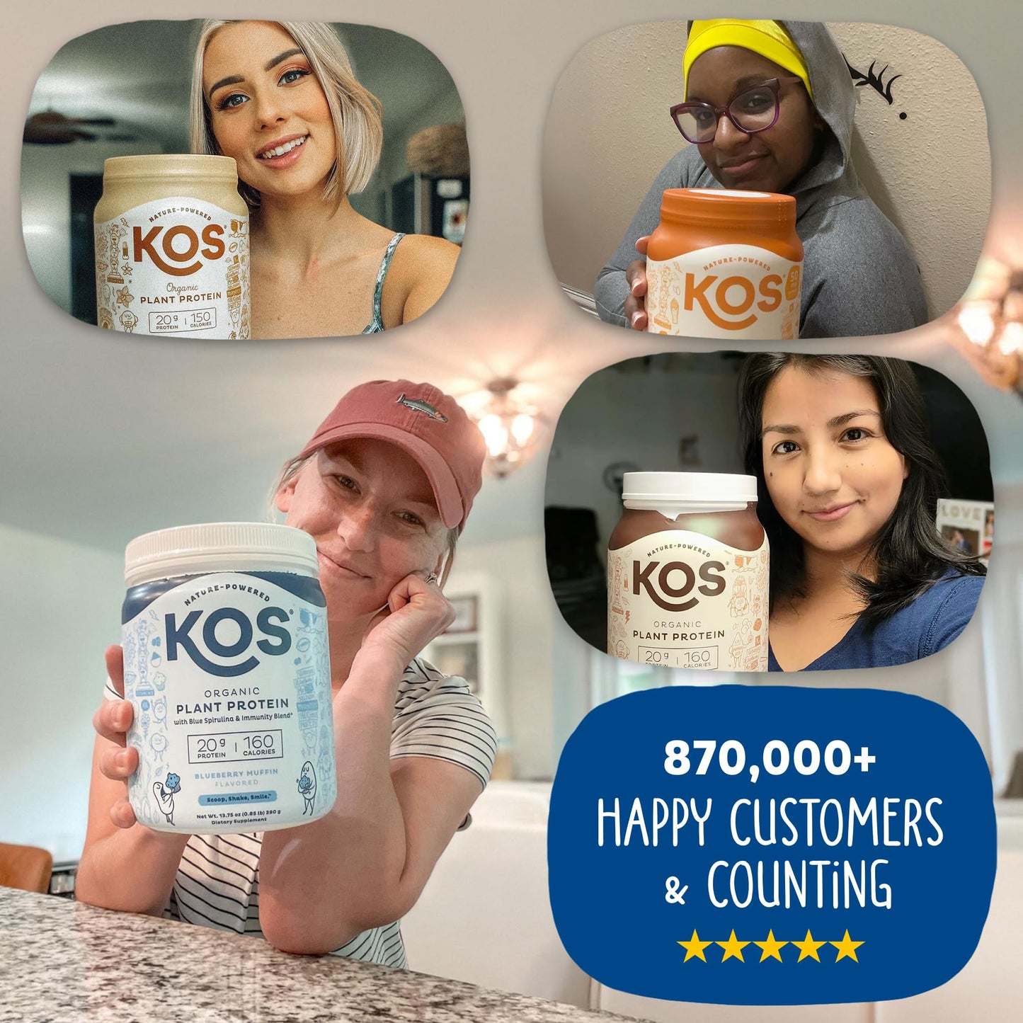 KOS Plant Based Protein Powder, Blueberry Muffin - Organic Pea Protein Superfood with Spirulina and Immune Support Blend. Soy, Gluten, Dairy Free - Vegan Meal Replacement for Women & Men - 15 Servings - dailyvitalstore