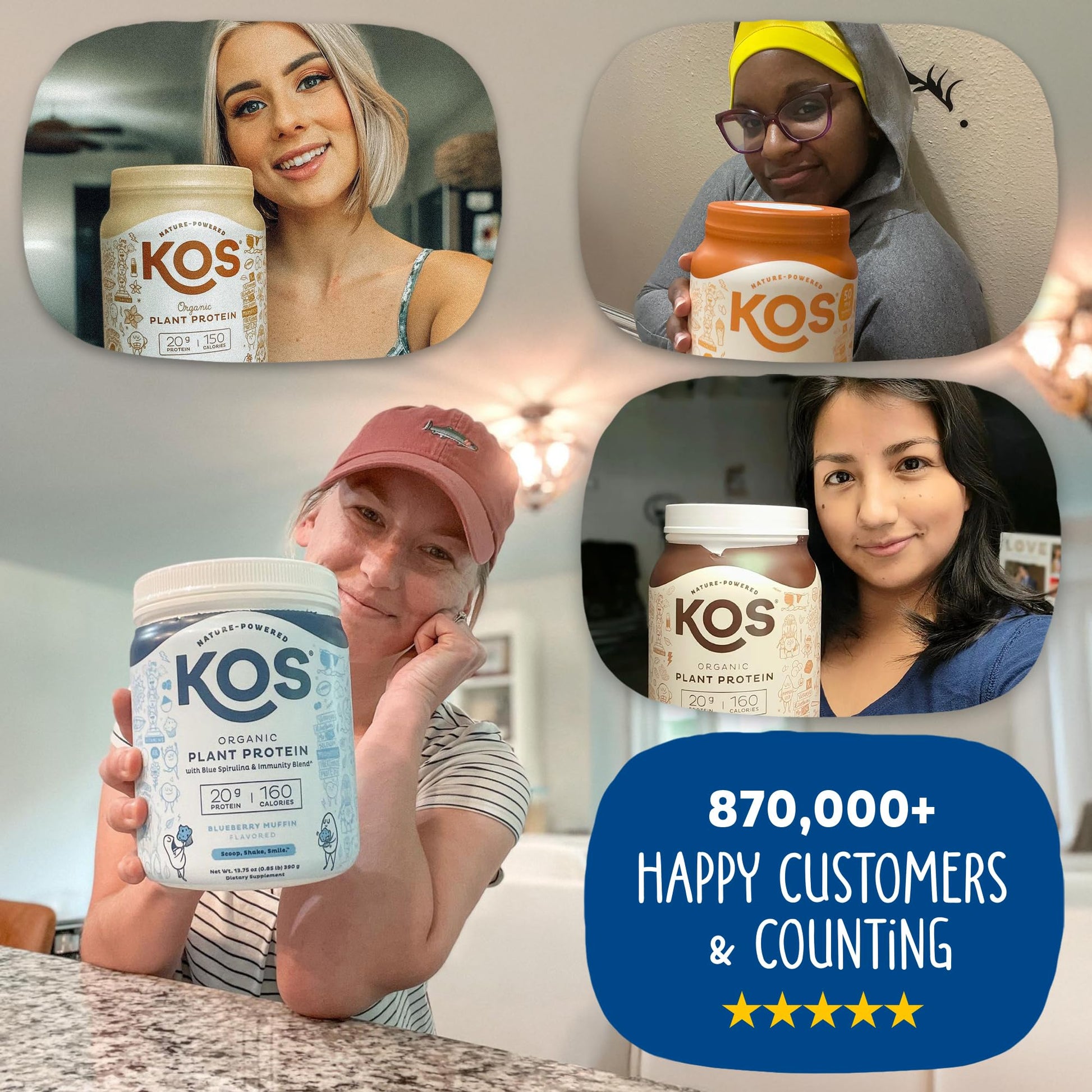 KOS Plant Based Protein Powder, Blueberry Muffin - Organic Pea Protein Superfood with Spirulina and Immune Support Blend. Soy, Gluten, Dairy Free - Vegan Meal Replacement for Women & Men - 15 Servings - dailyvitalstore