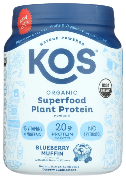 KOS Plant Based Protein Powder, Blueberry Muffin - Organic Pea Protein Superfood with Spirulina and Immune Support Blend. Soy, Gluten, Dairy Free - Vegan Meal Replacement for Women & Men - 15 Servings - dailyvitalstore